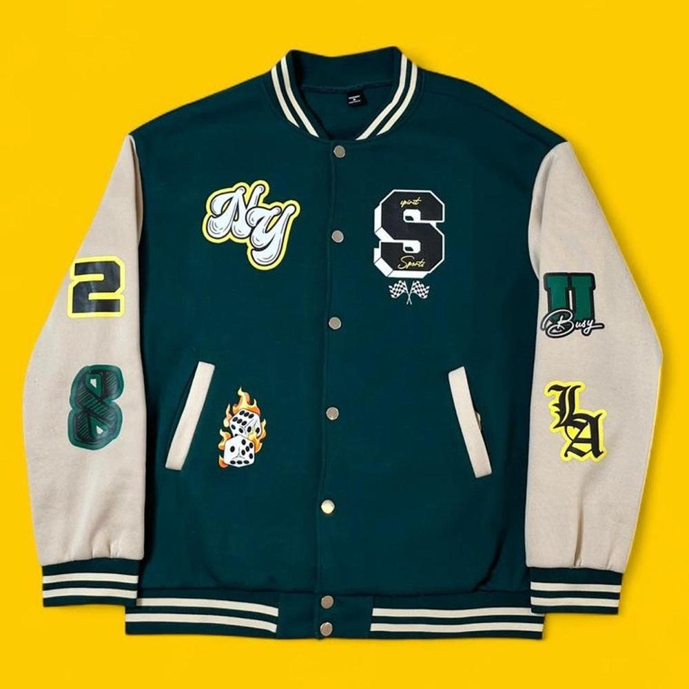 Manfinity Graphic Varsity Jacket XL Green Cream – Patchwork Streetwear